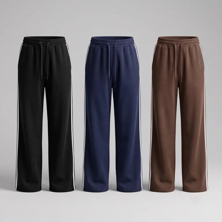 Ladies Extra Wide Leg Track Pants - Size Medium - Pack of 3 - Black, Navy, Brown with white stripes