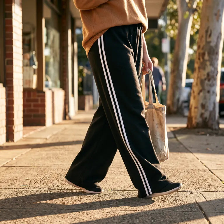 Ladies Extra Wide Leg Track Pants - Size Medium - Pack of 3 - Black, Navy, Brown with white stripes - Image 3