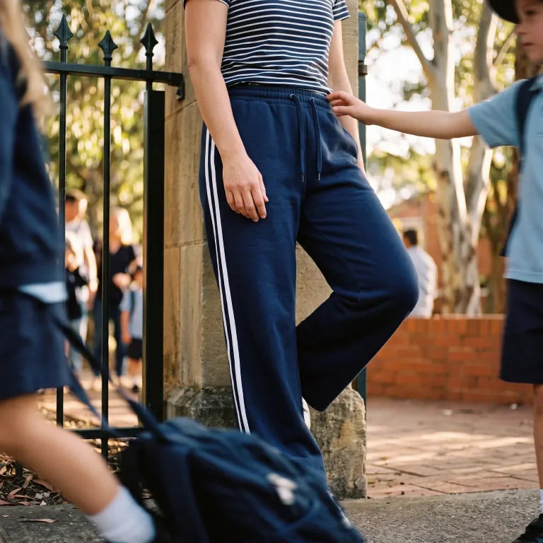 Ladies Extra Wide Leg Track Pants - Size Medium - Pack of 3 - Black, Navy, Brown with white stripes - Image 4
