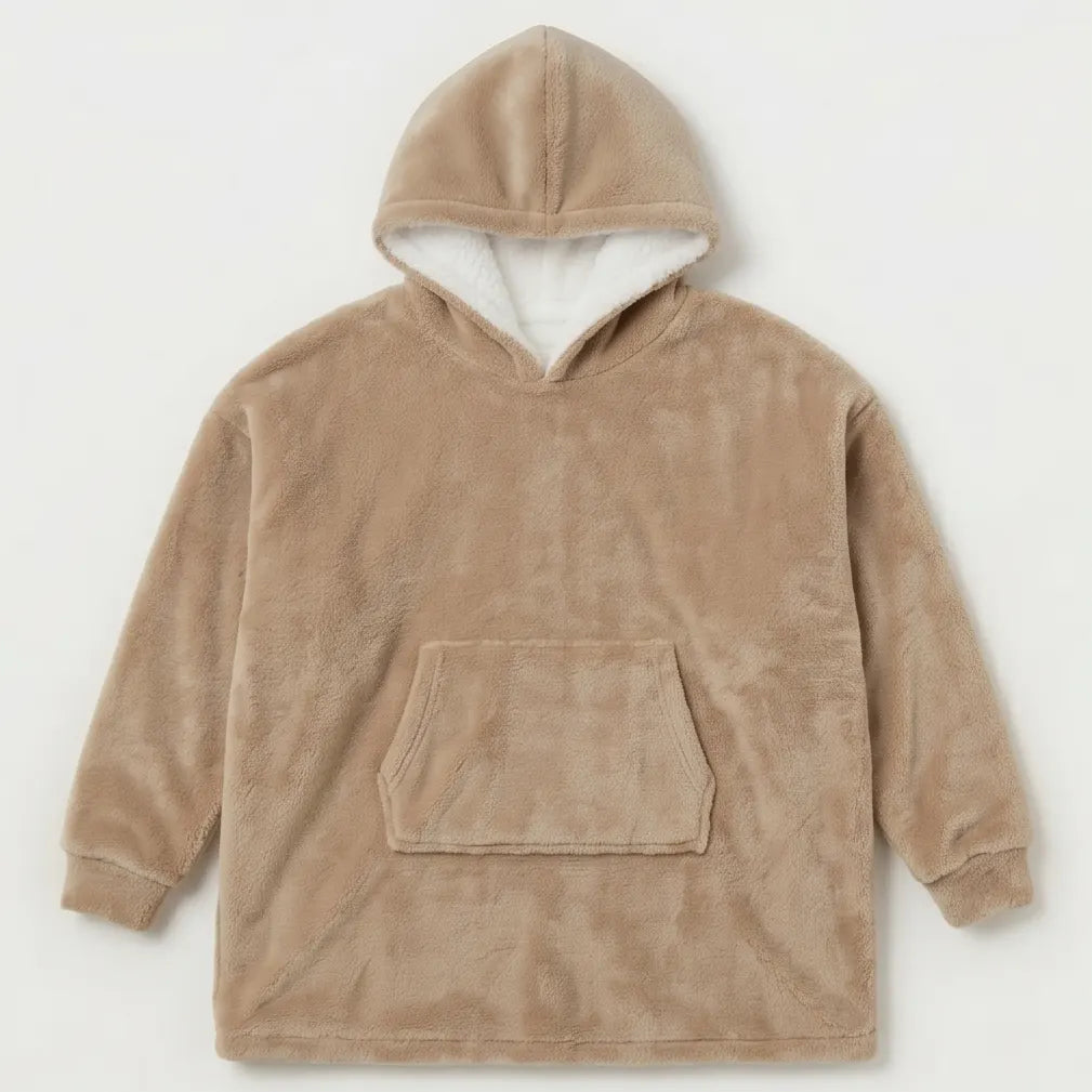 Kids Oversized Giant Wearable Blanket Hoodie Sherpa Fleece Sweatshirt Pullover - Solid Beige Colour - One Size Fits All (AU/EU)