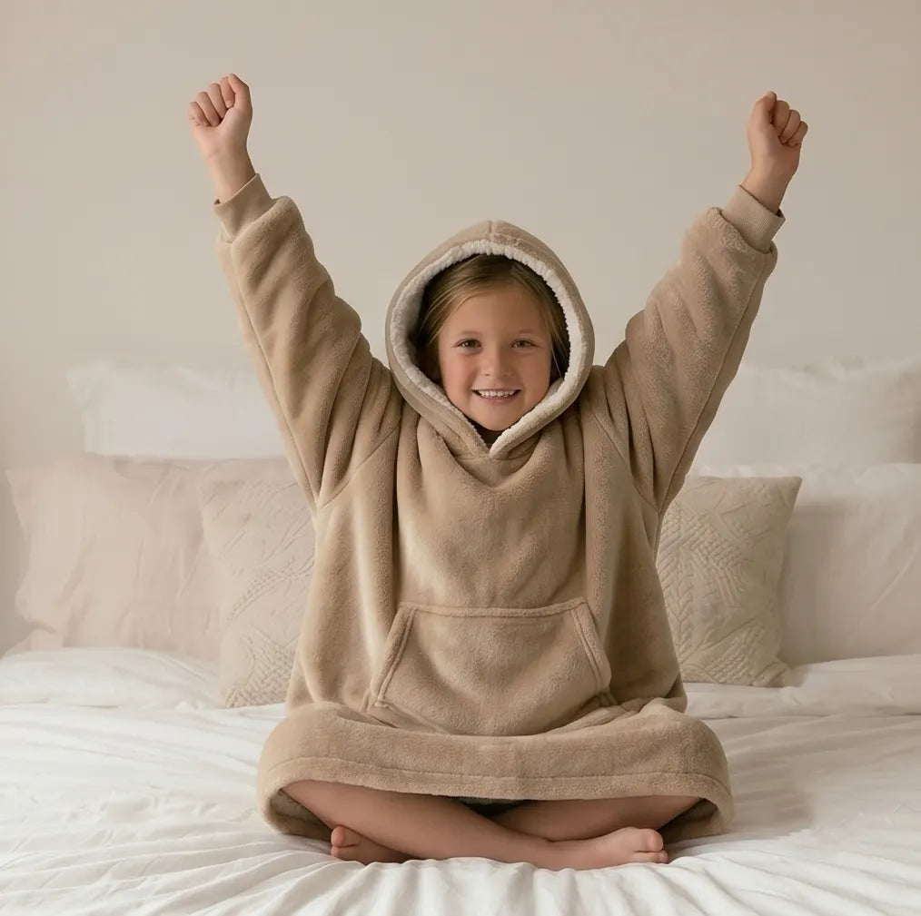 Kids Oversized Giant Wearable Blanket Hoodie Sherpa Fleece Sweatshirt Pullover - Solid Beige Colour - One Size Fits All (AU/EU) - Image 2