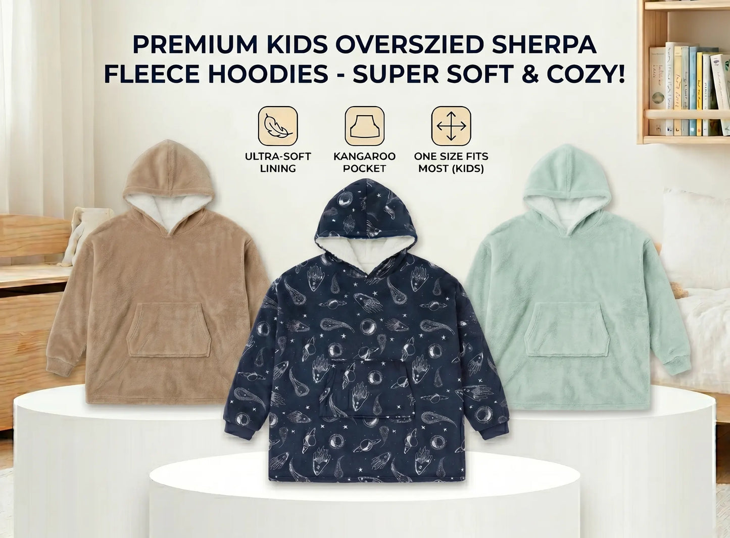 Kids Oversized Giant Wearable Blanket Hoodie Sherpa Fleece Sweatshirt Pullover - Solid Beige Colour - One Size Fits All (AU/EU) - Image 6