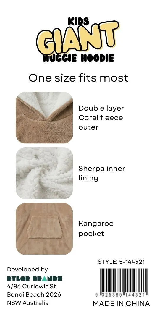 Kids Oversized Giant Wearable Blanket Hoodie Sherpa Fleece Sweatshirt Pullover - Solid Beige Colour - One Size Fits All (AU/EU) - Image 8