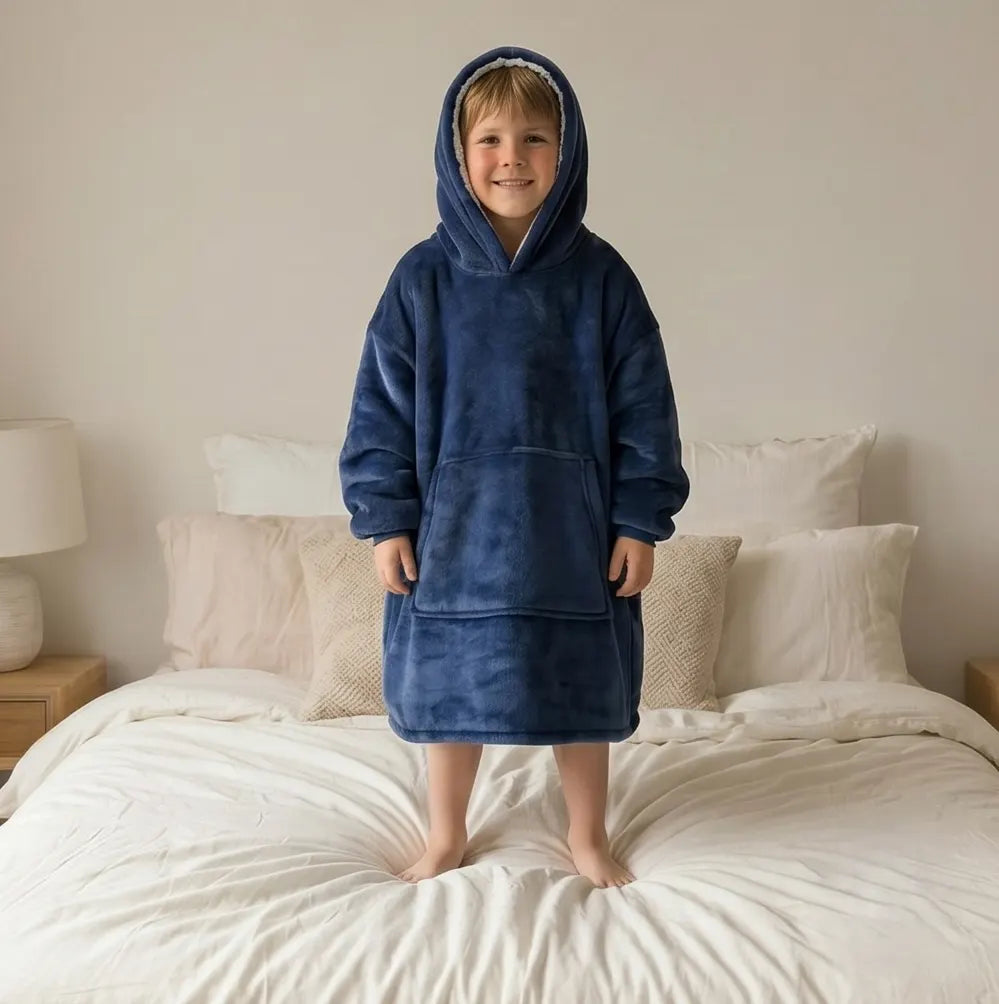 Kids Oversized Giant Wearable Blanket Hoodie Sherpa Fleece Sweatshirt Pullover - Solid Navy Blue Colour - One Size Fits All (AU/EU) - Image 2