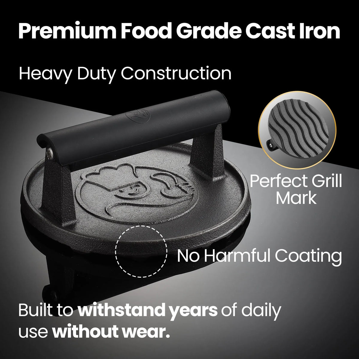 Gourmet Easy Smash Burger Press with Heat Resistant Handle, 2LBS Cast Iron Burger Smasher - Image 2