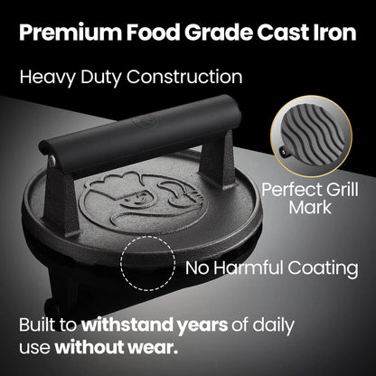 Gourmet Easy Smash Burger Press with Heat Resistant Handle, 2LBS Cast Iron Burger Smasher - Image 2