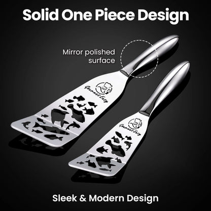 Gourmet Easy Stainless Steel Fish Spatula Set – 1 Large + 1 Small Metal Spatula (Funky Fish Editon) - Image 4