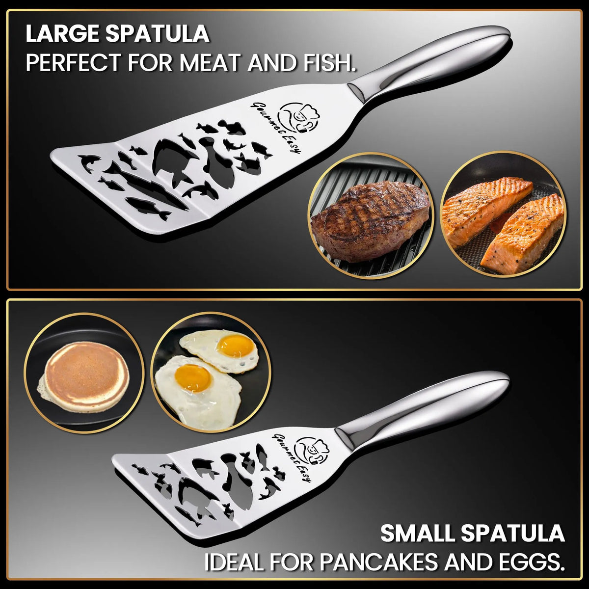 Gourmet Easy Stainless Steel Fish Spatula Set – 1 Large + 1 Small Metal Spatula (Funky Fish Editon) - Image 8