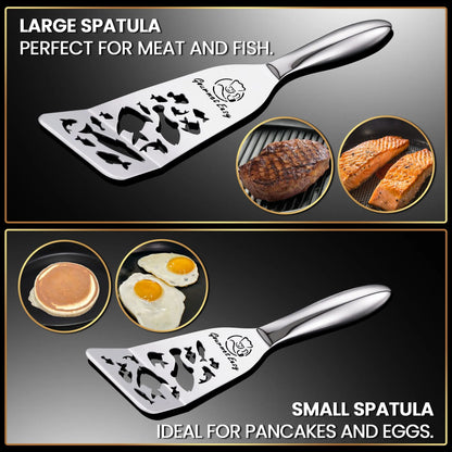 Gourmet Easy Stainless Steel Fish Spatula Set – 1 Large + 1 Small Metal Spatula (Funky Fish Editon) - Image 8