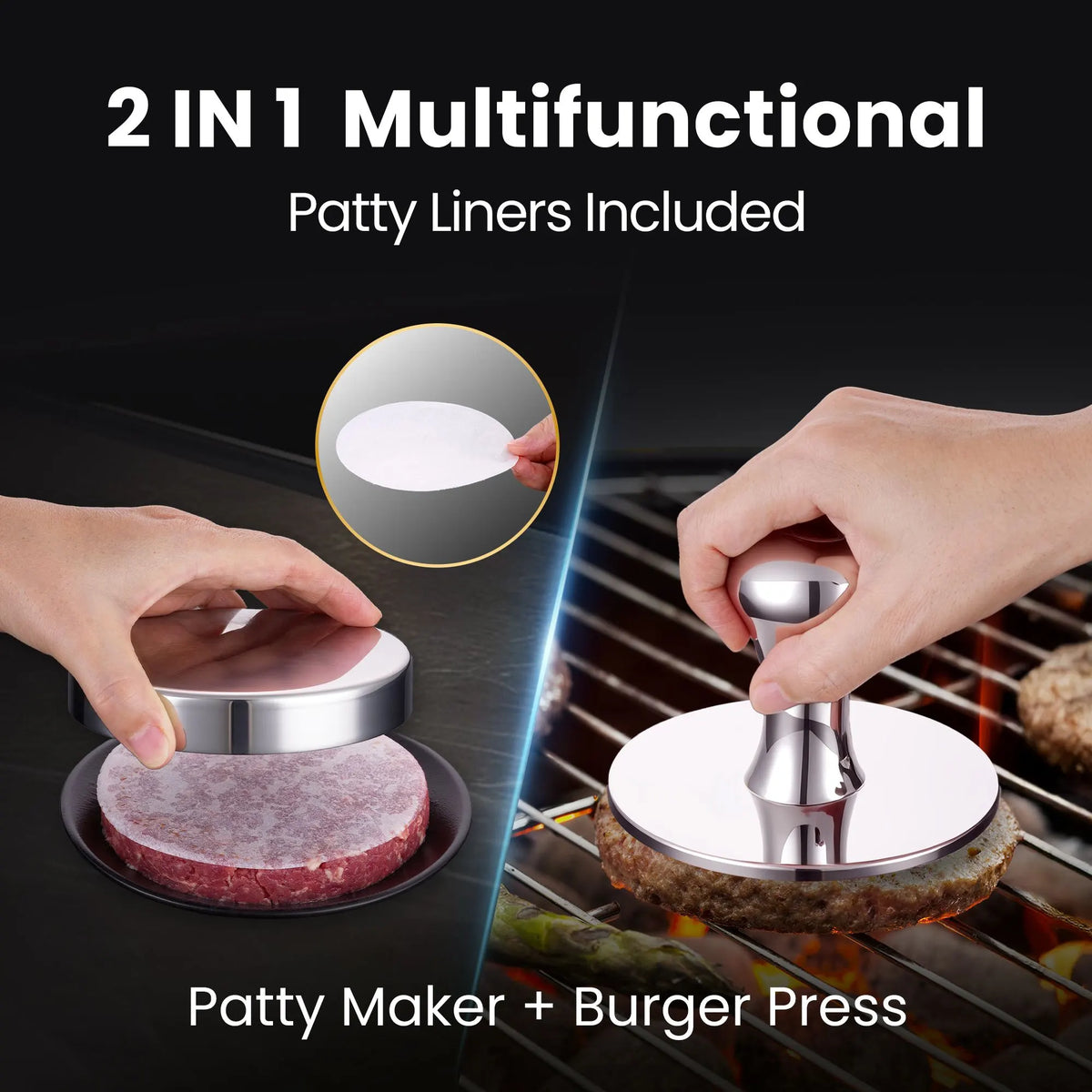 Gourmet Easy 2-IN-1 Smash Burger Press & Patty Maker, Stainless Steel Hamburger Helper, Bonus Patty Liner - Image 2
