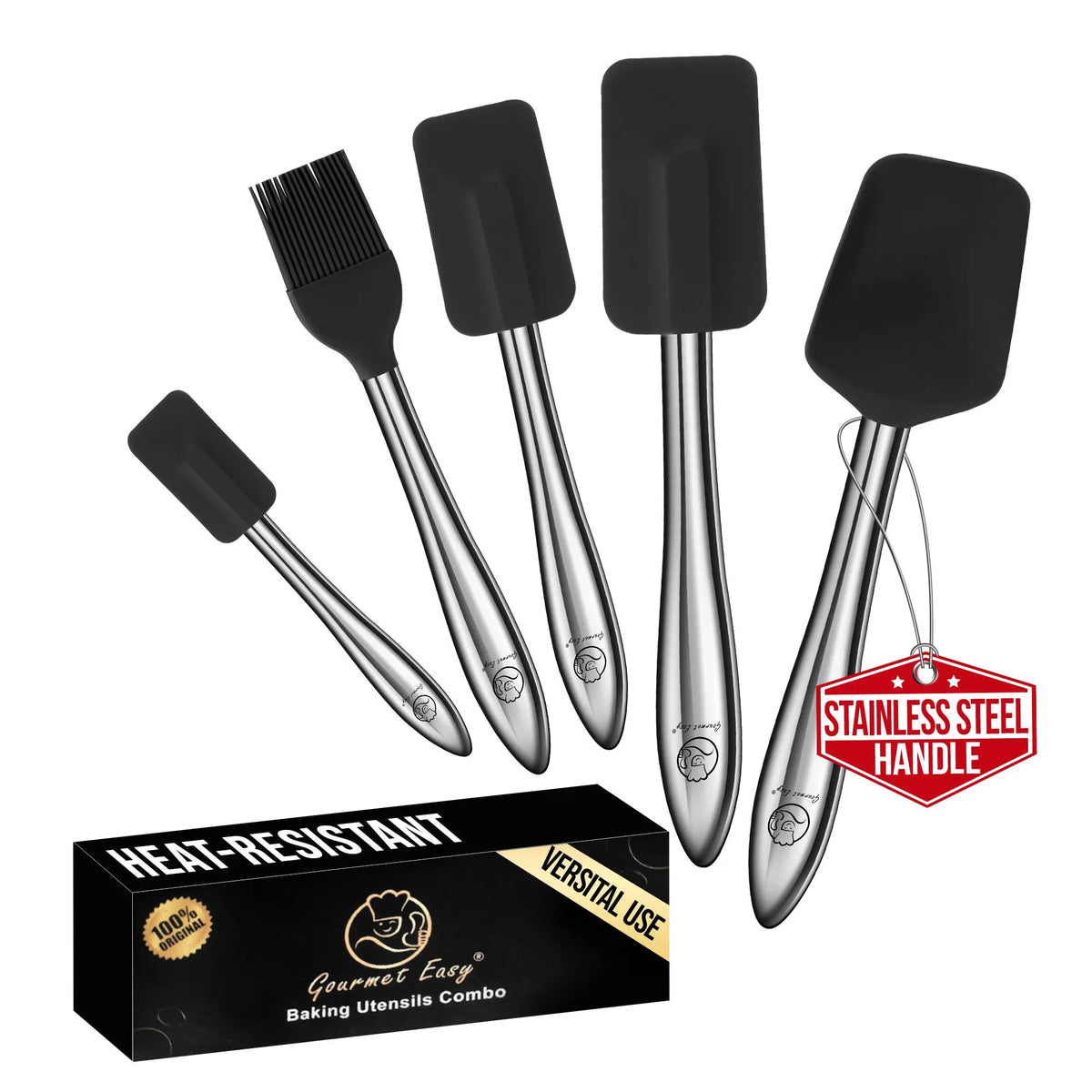 Gourmet Easy 5pcs Silicone Spatula Set, Heat Resistant with Stainless Steel Handle (Black)