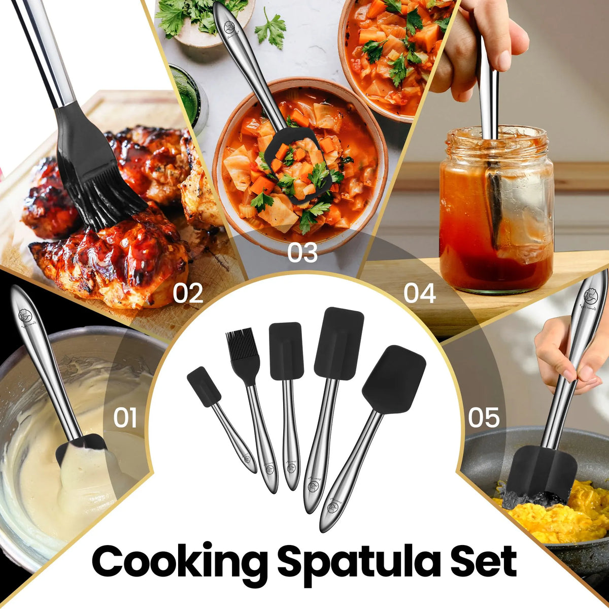 Gourmet Easy 5pcs Silicone Spatula Set, Heat Resistant with Stainless Steel Handle (Black) - Image 2