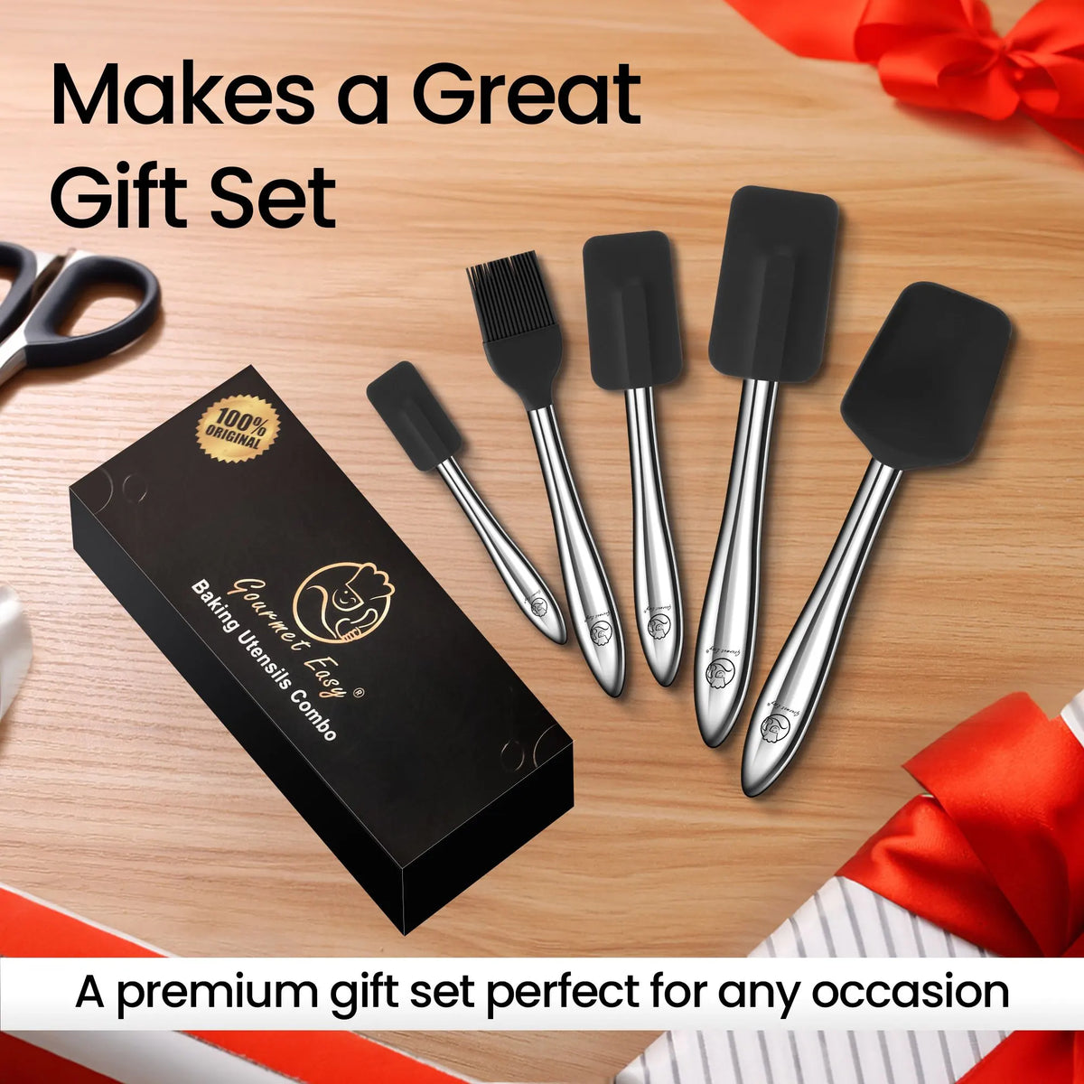 Gourmet Easy 5pcs Silicone Spatula Set, Heat Resistant with Stainless Steel Handle (Black) - Image 6