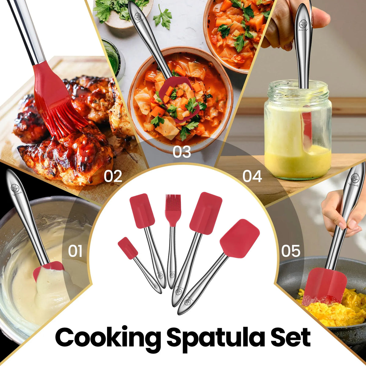 Gourmet Easy 5pcs Silicone Spatula Set, Heat Resistant with Stainless Steel Handle (Red) - Image 2