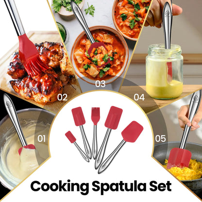 Gourmet Easy 5pcs Silicone Spatula Set, Heat Resistant with Stainless Steel Handle (Red) - Image 2