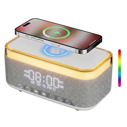 15W Fast Wireless Charging Alarm Clock with Bluetooth Speaker, White Noise Mochine & RGB Night Light, 6-in-1 Digital Bedside Alarm Clock Radio for Bedroom, Grey
