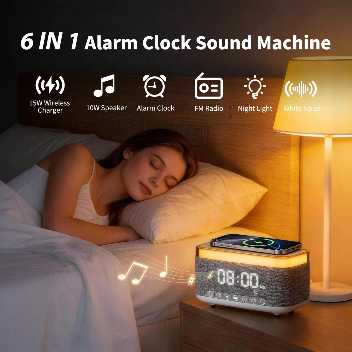 15W Fast Wireless Charging Alarm Clock with Bluetooth Speaker, White Noise Mochine & RGB Night Light, 6-in-1 Digital Bedside Alarm Clock Radio for Bedroom, Grey - Image 2