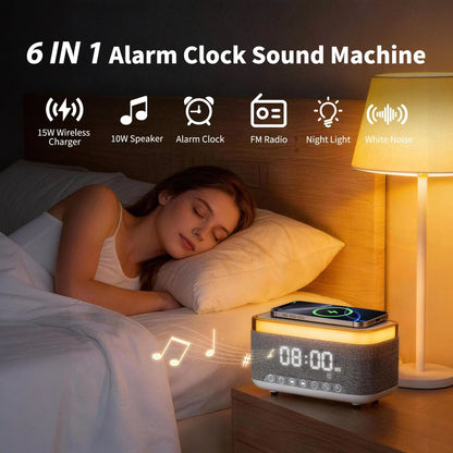 15W Fast Wireless Charging Alarm Clock with Bluetooth Speaker, White Noise Mochine & RGB Night Light, 6-in-1 Digital Bedside Alarm Clock Radio for Bedroom, Grey - Image 2