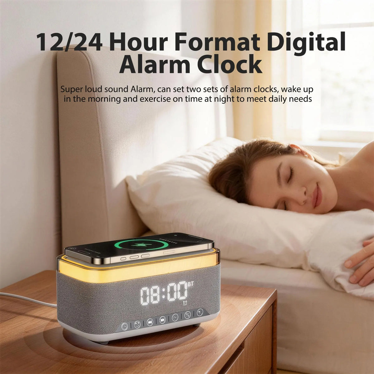 15W Fast Wireless Charging Alarm Clock with Bluetooth Speaker, White Noise Mochine & RGB Night Light, 6-in-1 Digital Bedside Alarm Clock Radio for Bedroom, Grey - Image 3