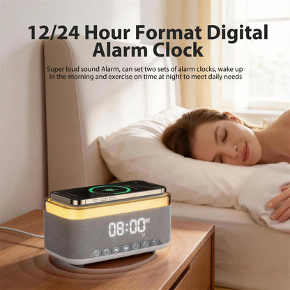 15W Fast Wireless Charging Alarm Clock with Bluetooth Speaker, White Noise Mochine & RGB Night Light, 6-in-1 Digital Bedside Alarm Clock Radio for Bedroom, Grey - Image 3