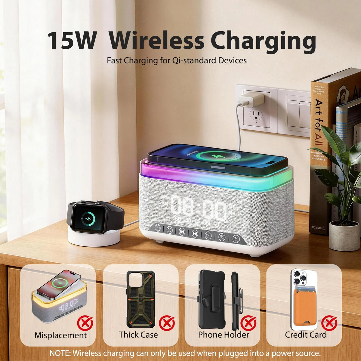 15W Fast Wireless Charging Alarm Clock with Bluetooth Speaker, White Noise Mochine & RGB Night Light, 6-in-1 Digital Bedside Alarm Clock Radio for Bedroom, Grey - Image 4