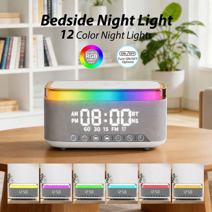 15W Fast Wireless Charging Alarm Clock with Bluetooth Speaker, White Noise Mochine & RGB Night Light, 6-in-1 Digital Bedside Alarm Clock Radio for Bedroom, Grey - Image 7