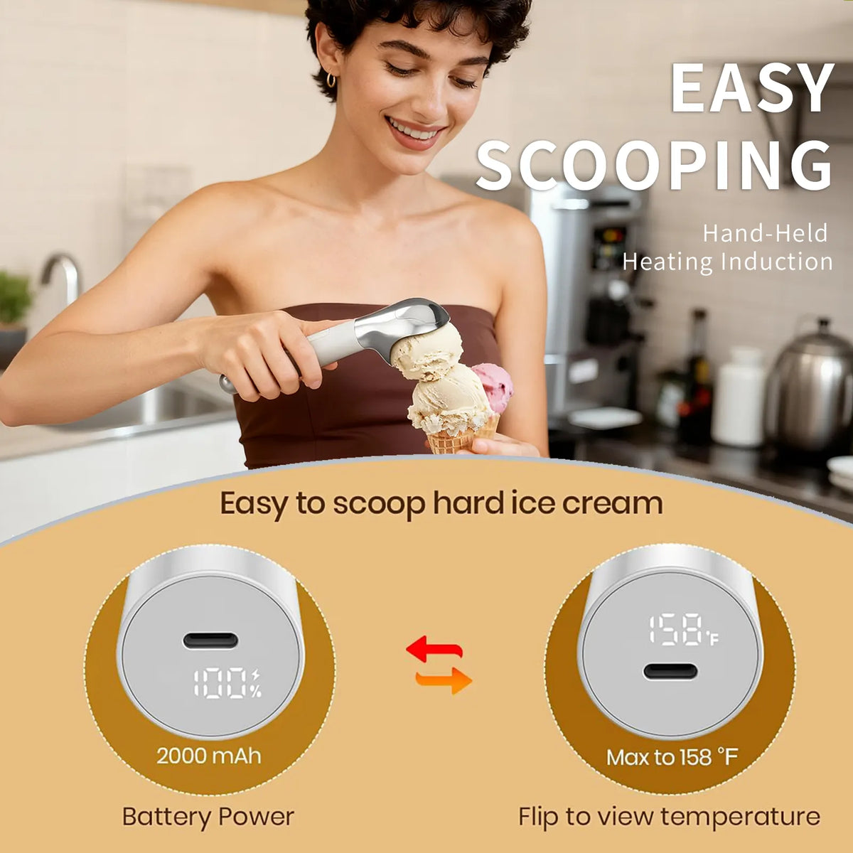 Heated Ice Cream Scoop, Rechargeable Electric Warming Scooper, Heats to for Hard Ice Cream, Waterproof, Easy for Seniors & Kids (White，17.8*4.3cm) - Image 3