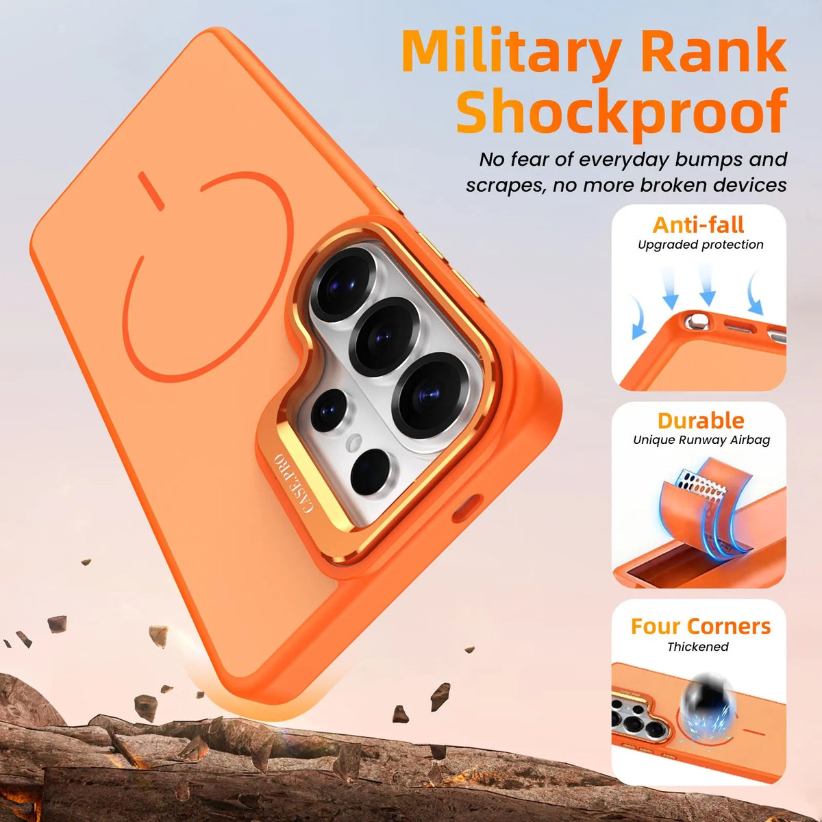Samsung Galaxy S26 Ultra Case with Lens Kickstand, Support Wireless Charging, Military-Grade Shockproof Protection Slim Magnetic Case, Orange - Image 2