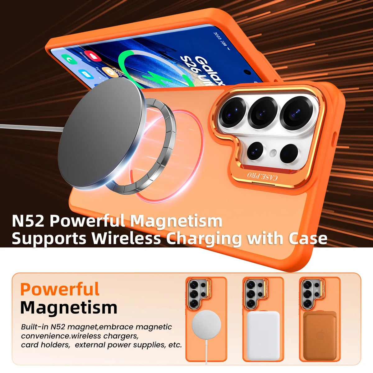 Samsung Galaxy S26 Ultra Case with Lens Kickstand, Support Wireless Charging, Military-Grade Shockproof Protection Slim Magnetic Case, Orange - Image 3
