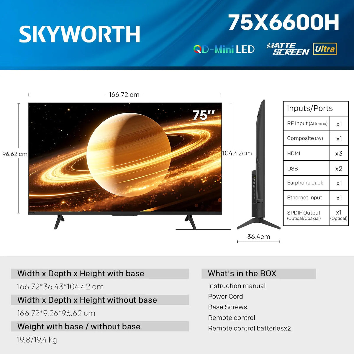 SKYWORTH 75X6600H QD-Mini LED 4K Smart TV, Matte Anti-Glare Display, 120Hz Turbo Mode, AI 4K Upscaling, AI Color Enhancement，Google TV, Dolby Atmos+Dolby Vision, 30W Speakers，HDMI2.1 - Image 2