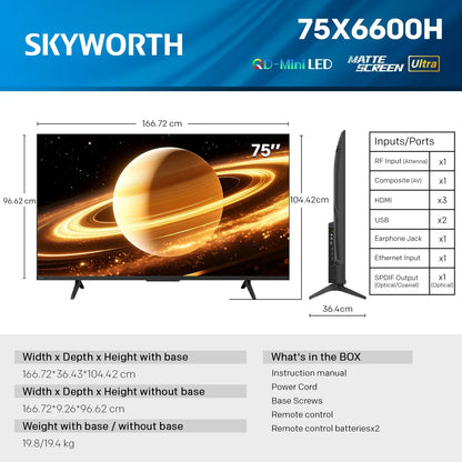 SKYWORTH 75X6600H QD-Mini LED 4K Smart TV, Matte Anti-Glare Display, 120Hz Turbo Mode, AI 4K Upscaling, AI Color Enhancement，Google TV, Dolby Atmos+Dolby Vision, 30W Speakers，HDMI2.1 - Image 2