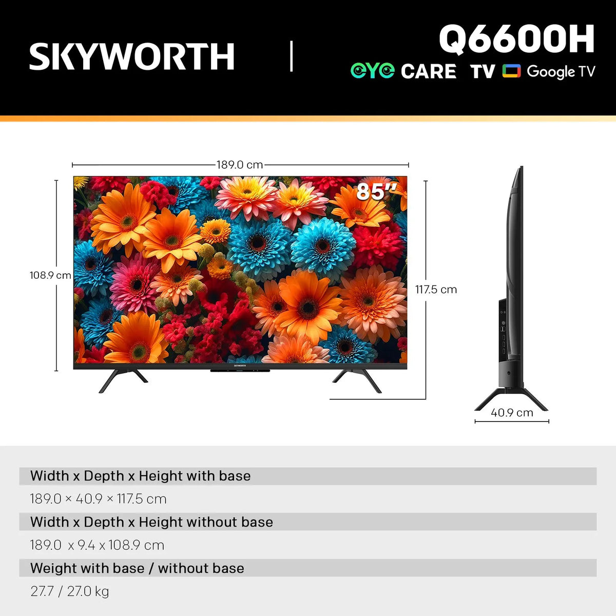 SKYWORTH Q6600H 85" - QLED+ 4K Smart Google TV, Gen 5 Quantum Dot, 120Hz Refresh Rate, AI-Powered Picture, Dolby Audio DBX-tv Audio, Voice Control, Screen Casting, HDR, Eco-Friendly Design - Image 2