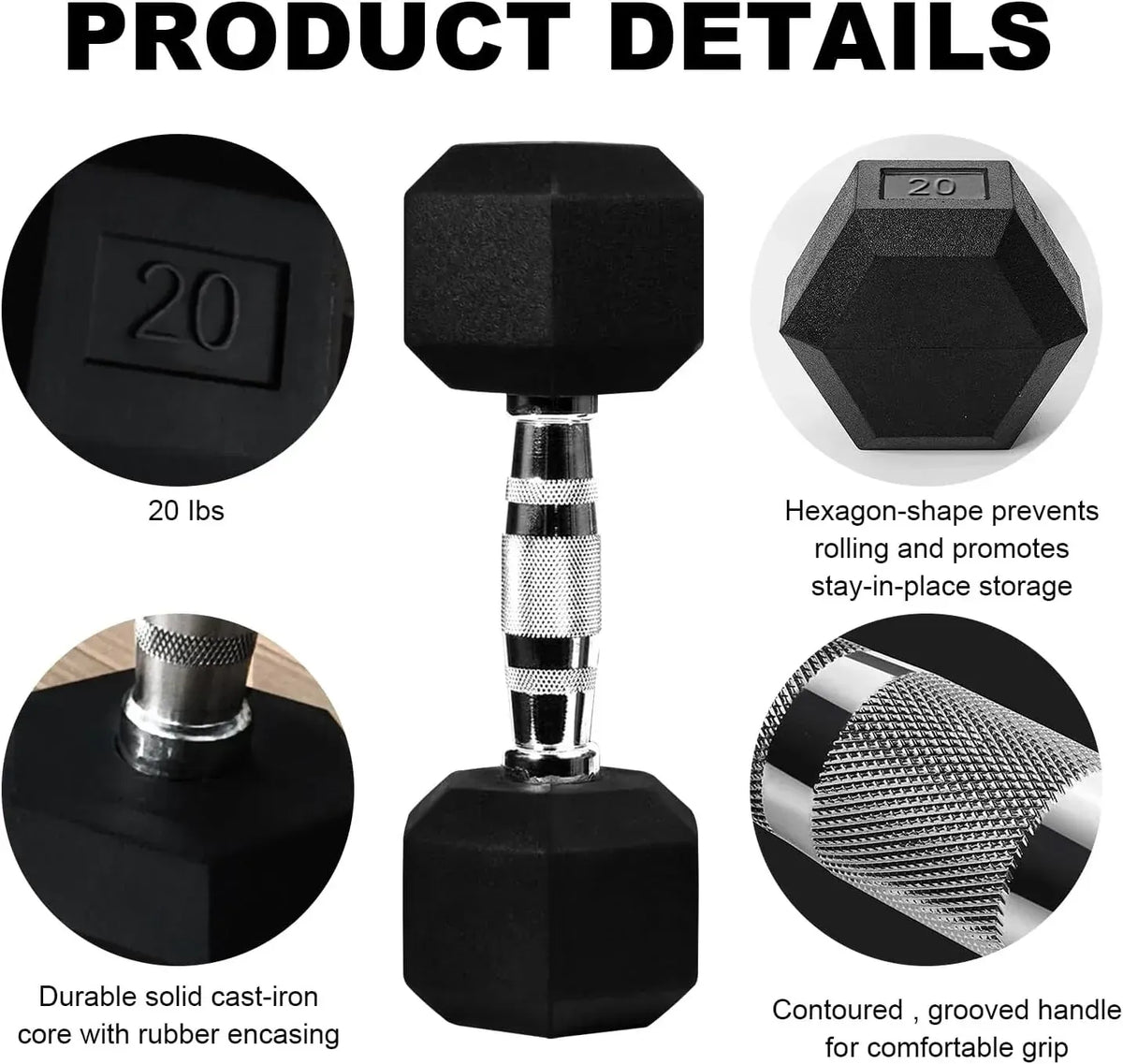 20lb to 45lb Rubber Coated Hex Dumbbells (sold in pairs) — Pair of 20LB / ~9kg - Image 2