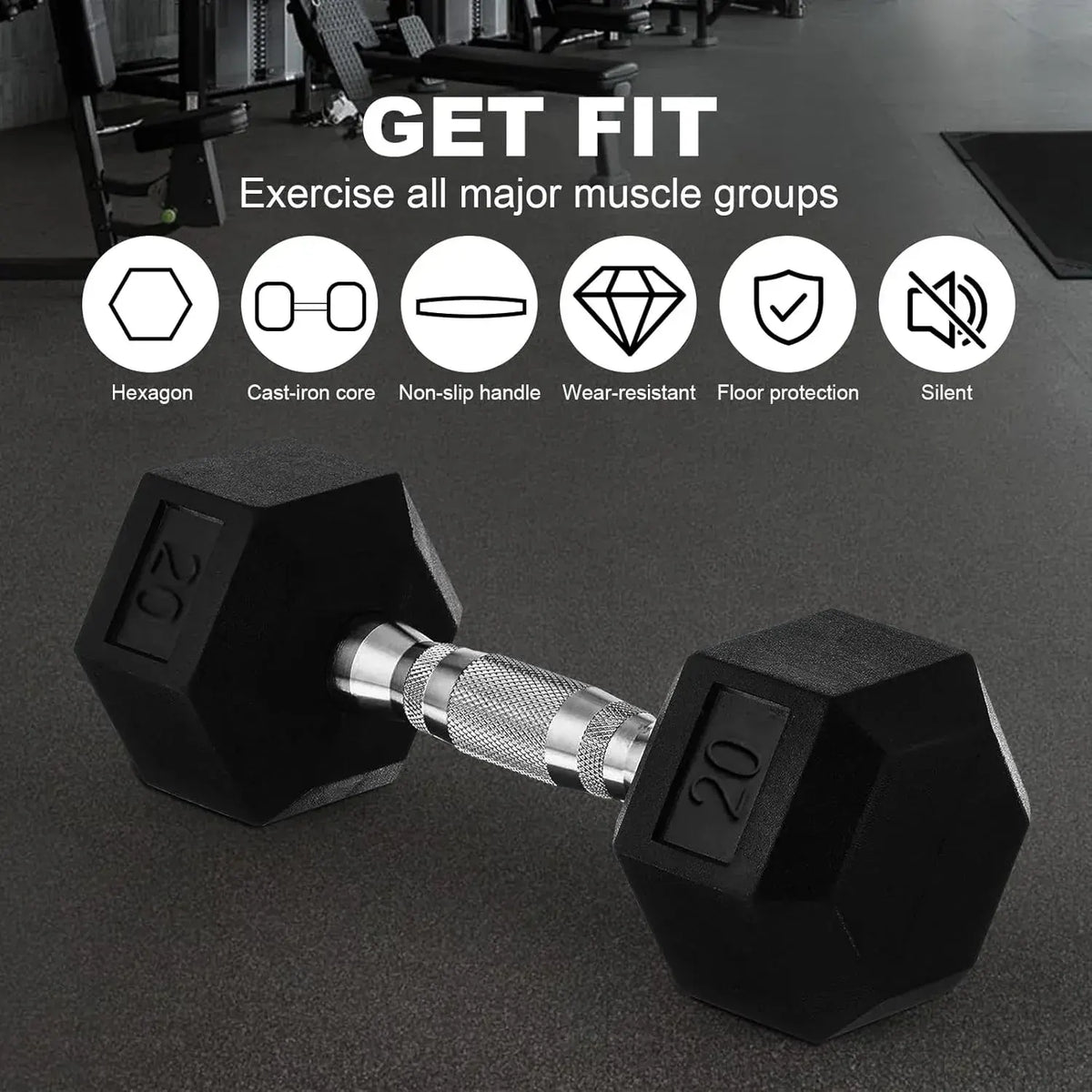 20lb to 45lb Rubber Coated Hex Dumbbells (sold in pairs) — Pair of 40LB / ~18kg