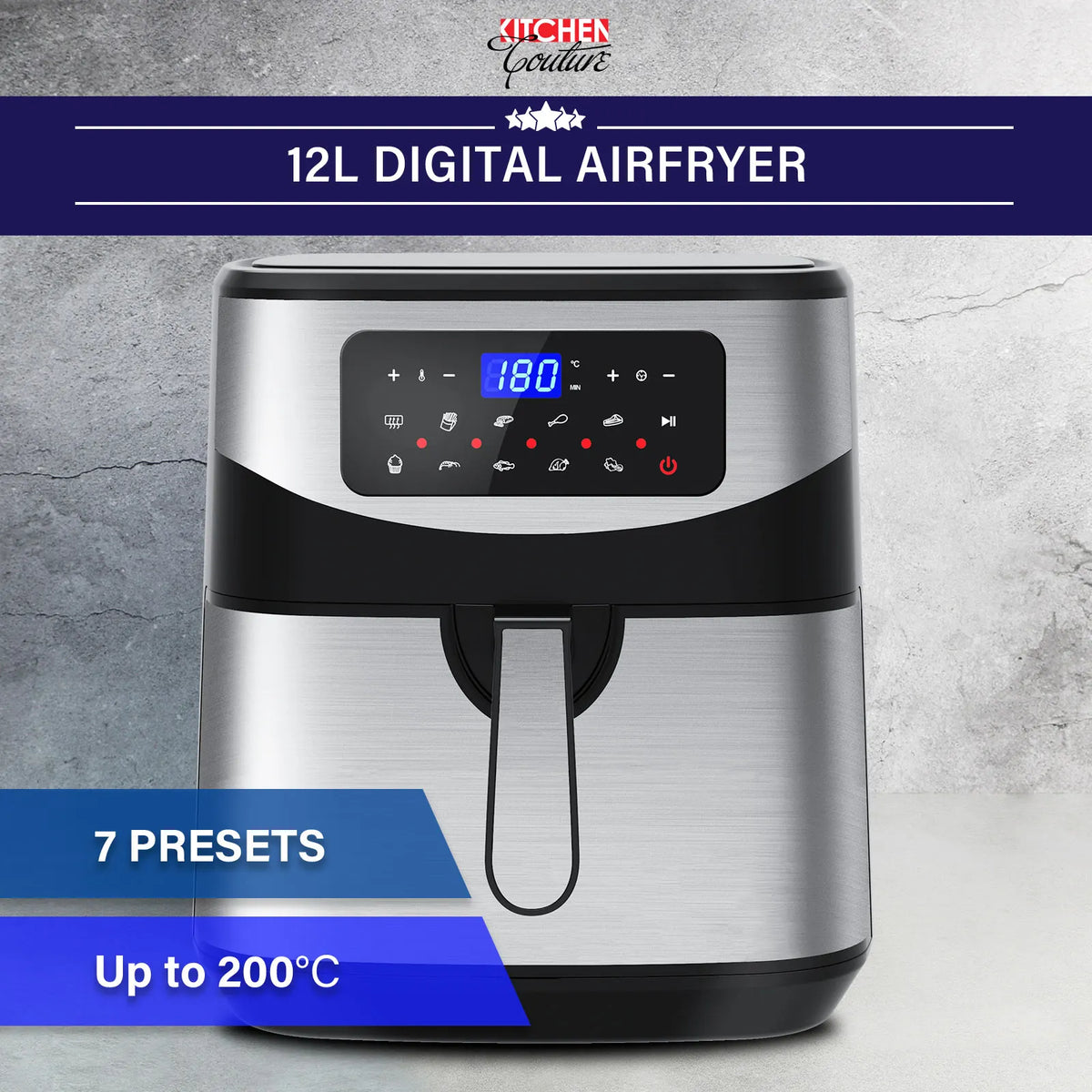 Kitchen Couture 12 Litre Air Fryer Multifunctional LCD One Touch Display Silver - Image 2