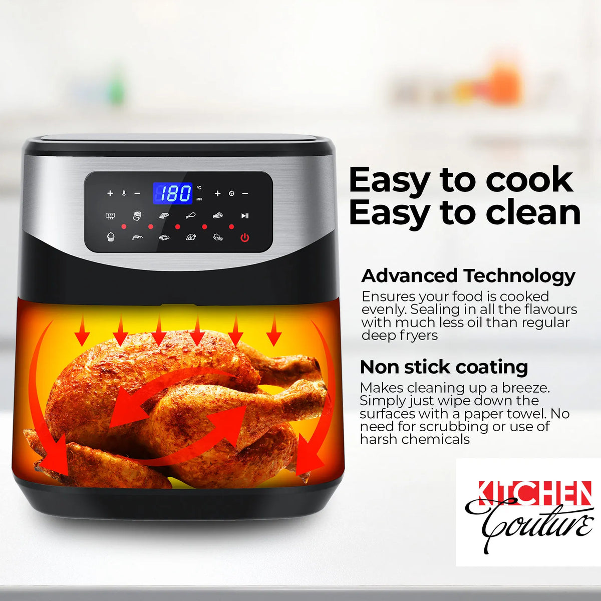 Kitchen Couture 12 Litre Air Fryer Multifunctional LCD One Touch Display Silver - Image 4