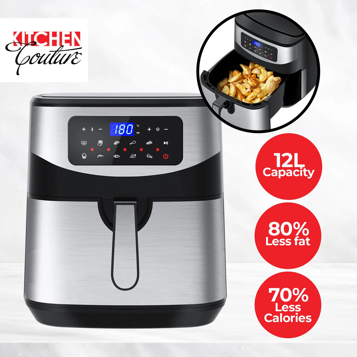 Kitchen Couture 12 Litre Air Fryer Multifunctional LCD One Touch Display Silver - Image 5