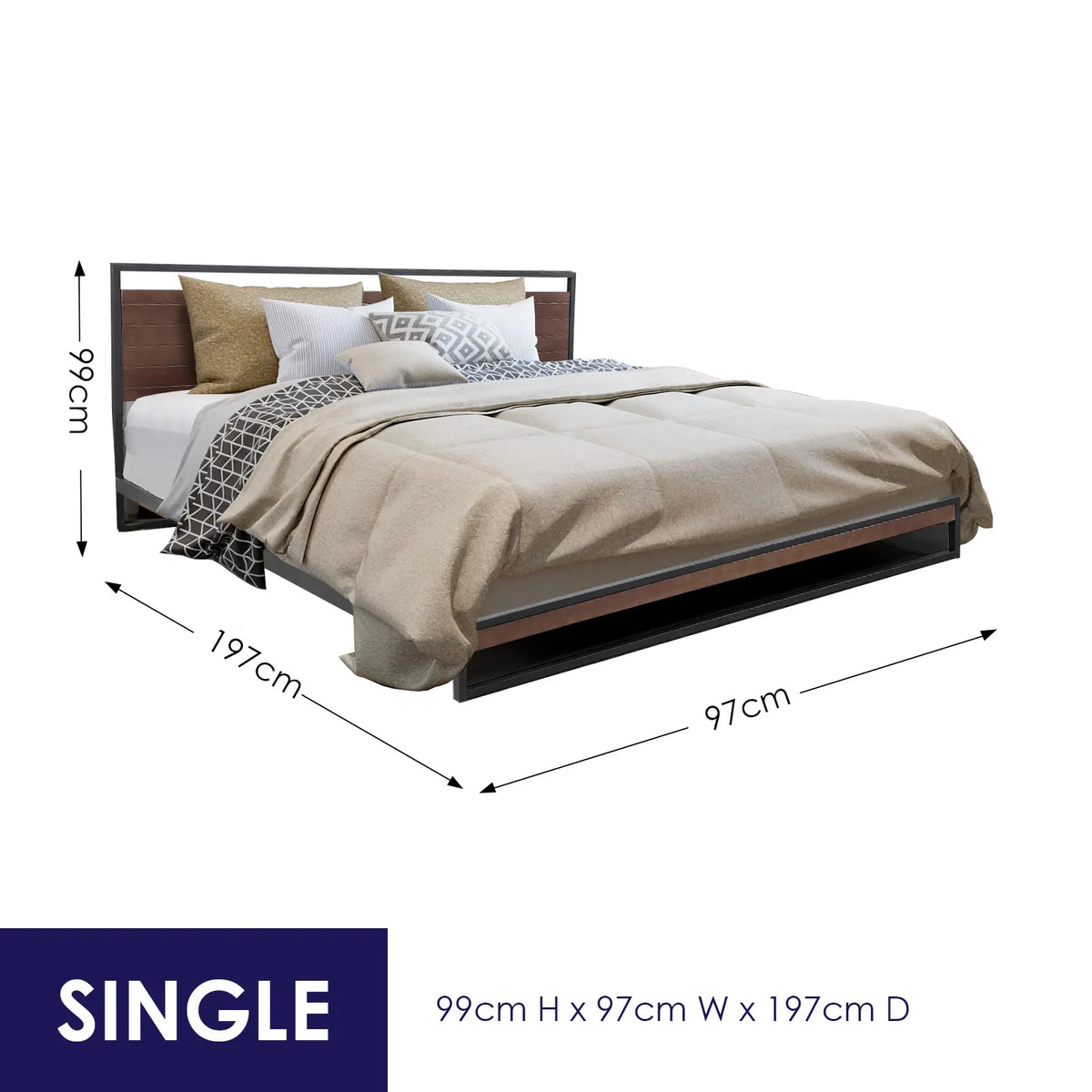 Milano Decor Azure Bed Frame With Headboard Black Wood Steel Platform Bed - Single - Black - Image 3