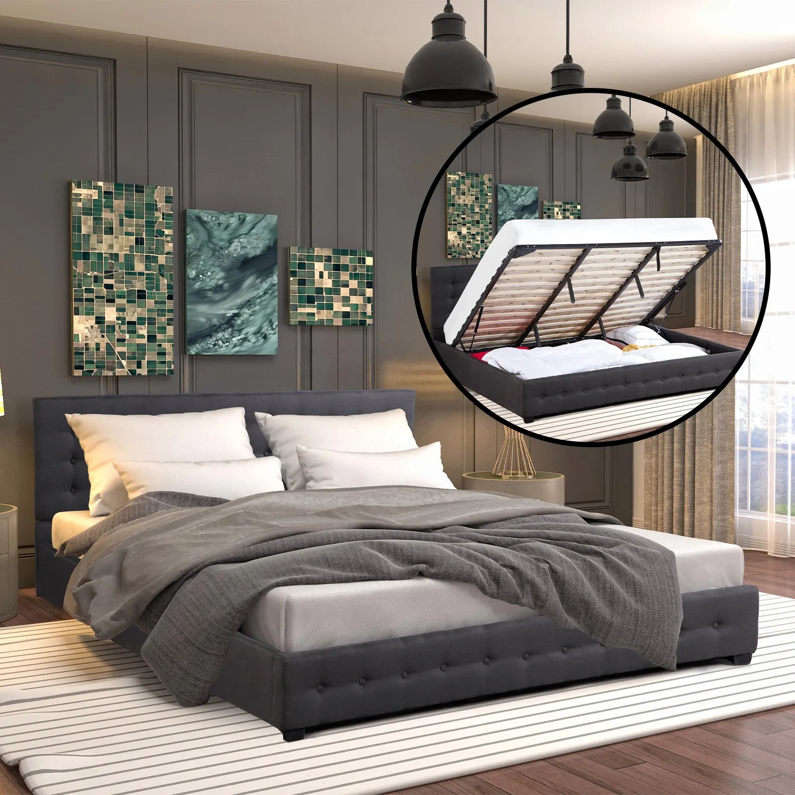 Milano Decor Eden Gas Lift Bed With Headboard Platform Storage Dark Grey Fabric - King Single - Dark Grey - Image 2