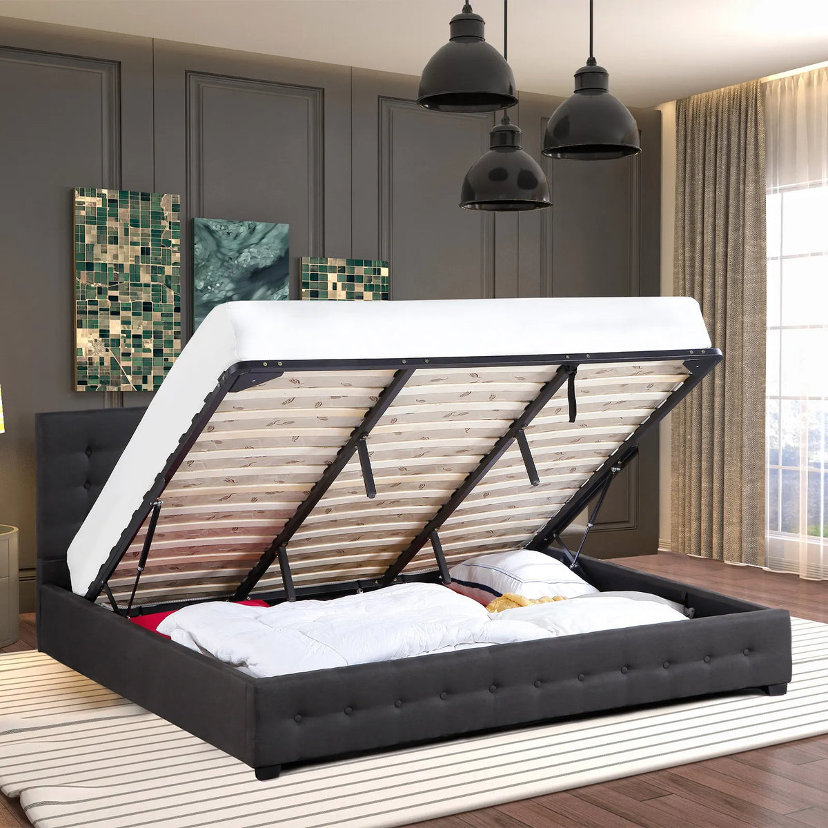 Milano Decor Eden Gas Lift Bed With Headboard Platform Storage Dark Grey Fabric - King Single - Dark Grey - Image 4