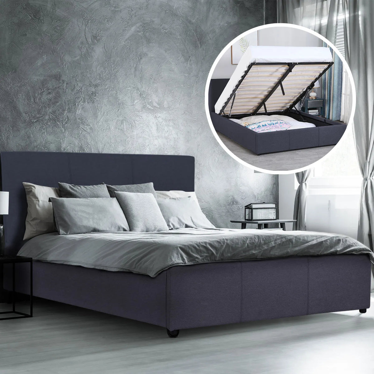 Milano Luxury Gas Lift Bed Frame Base And Headboard With Storage - Double - Charcoal - Image 2