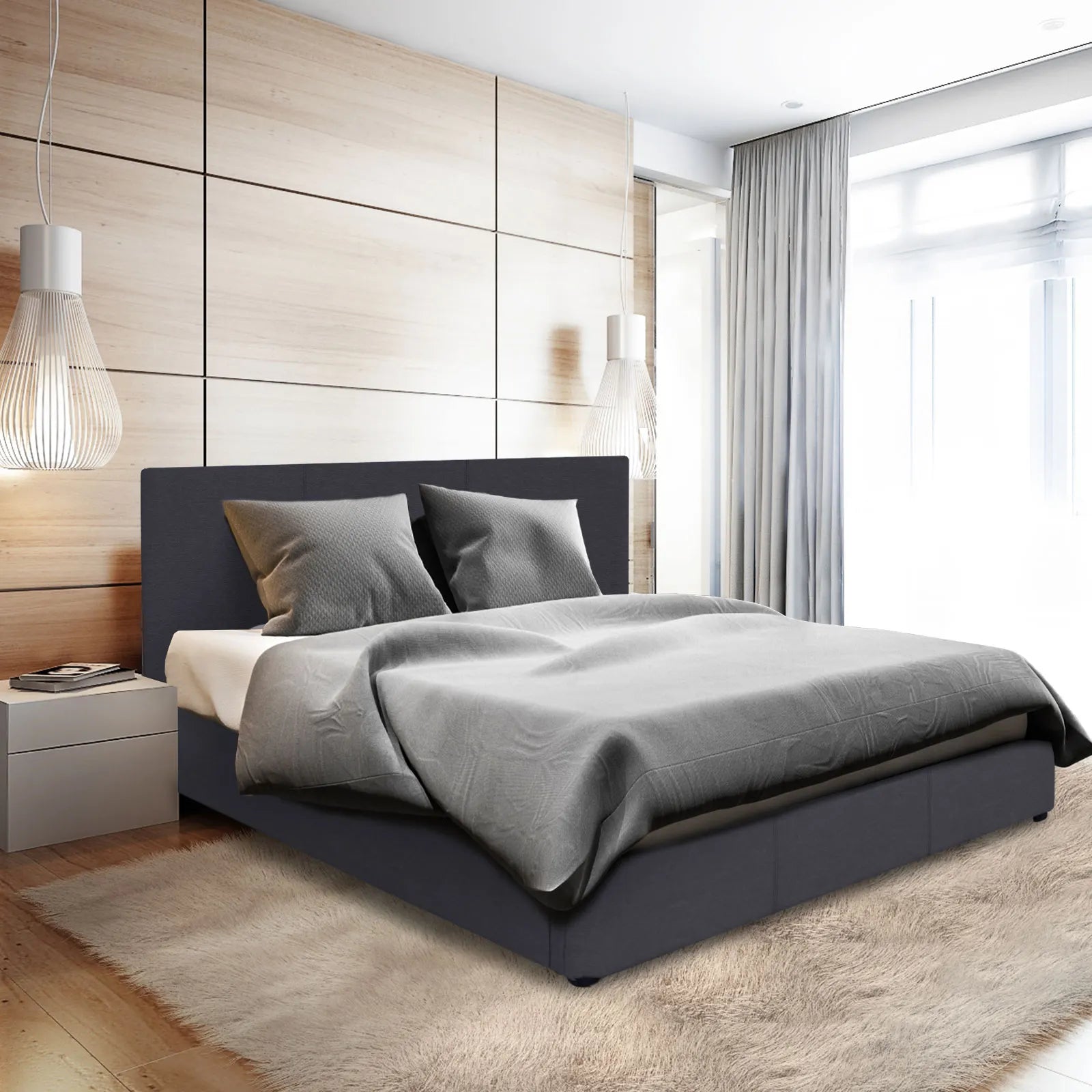 Milano Luxury Gas Lift Bed Frame Base And Headboard With Storage - Double - Charcoal - Image 4