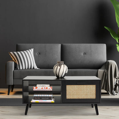 Casa Decor Tulum Rattan Coffee Table Storage Drawer Furniture Wooden Black - Image 2