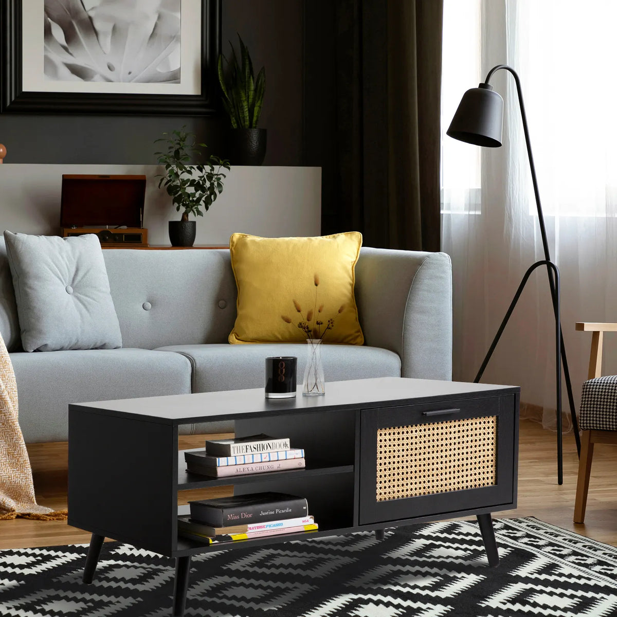 Casa Decor Tulum Rattan Coffee Table Storage Drawer Furniture Wooden Black - Image 4