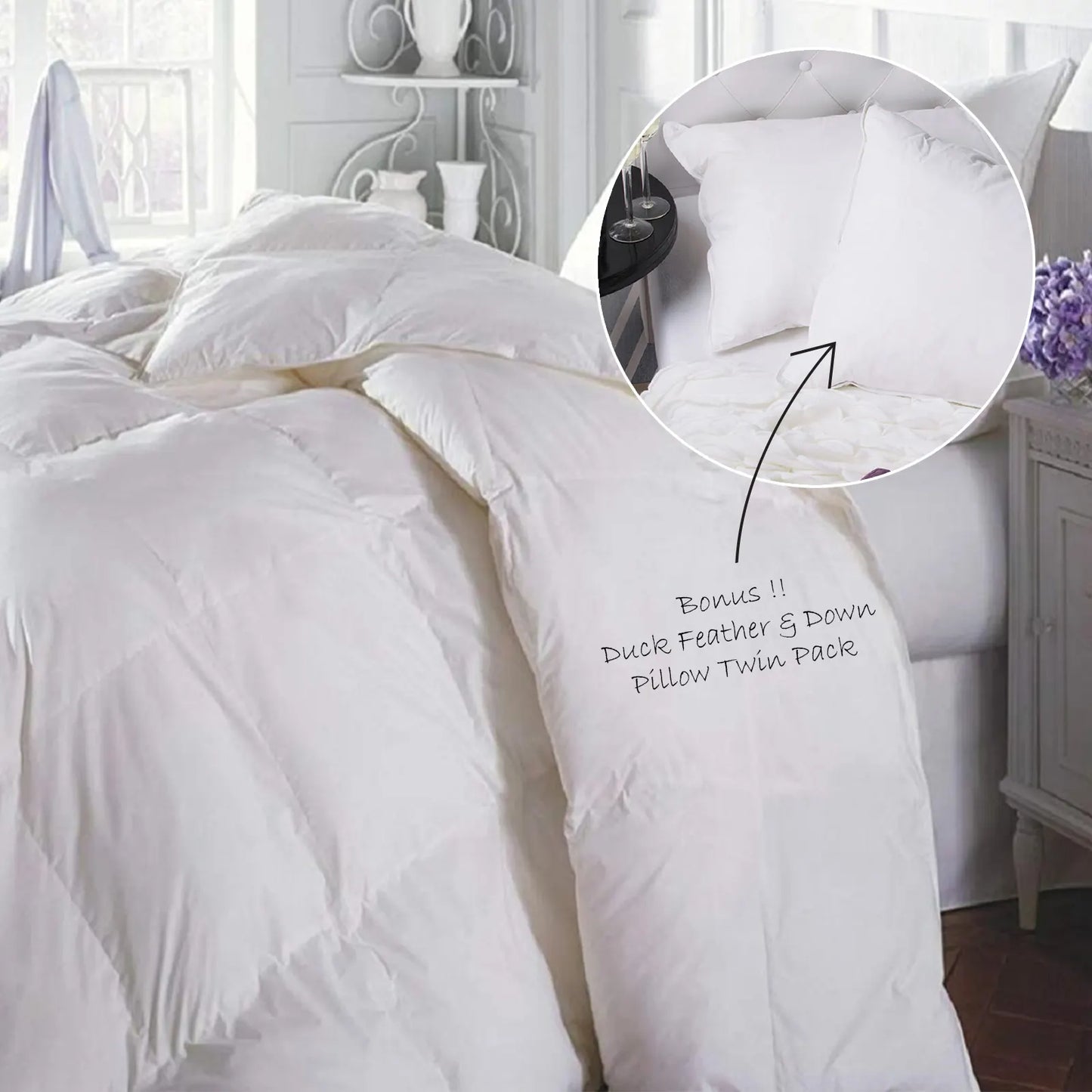 Duck Feather & Down Quilt 500GSM + Duck Feather and Down Pillows 2 Pack Combo - Double - White - Image 2