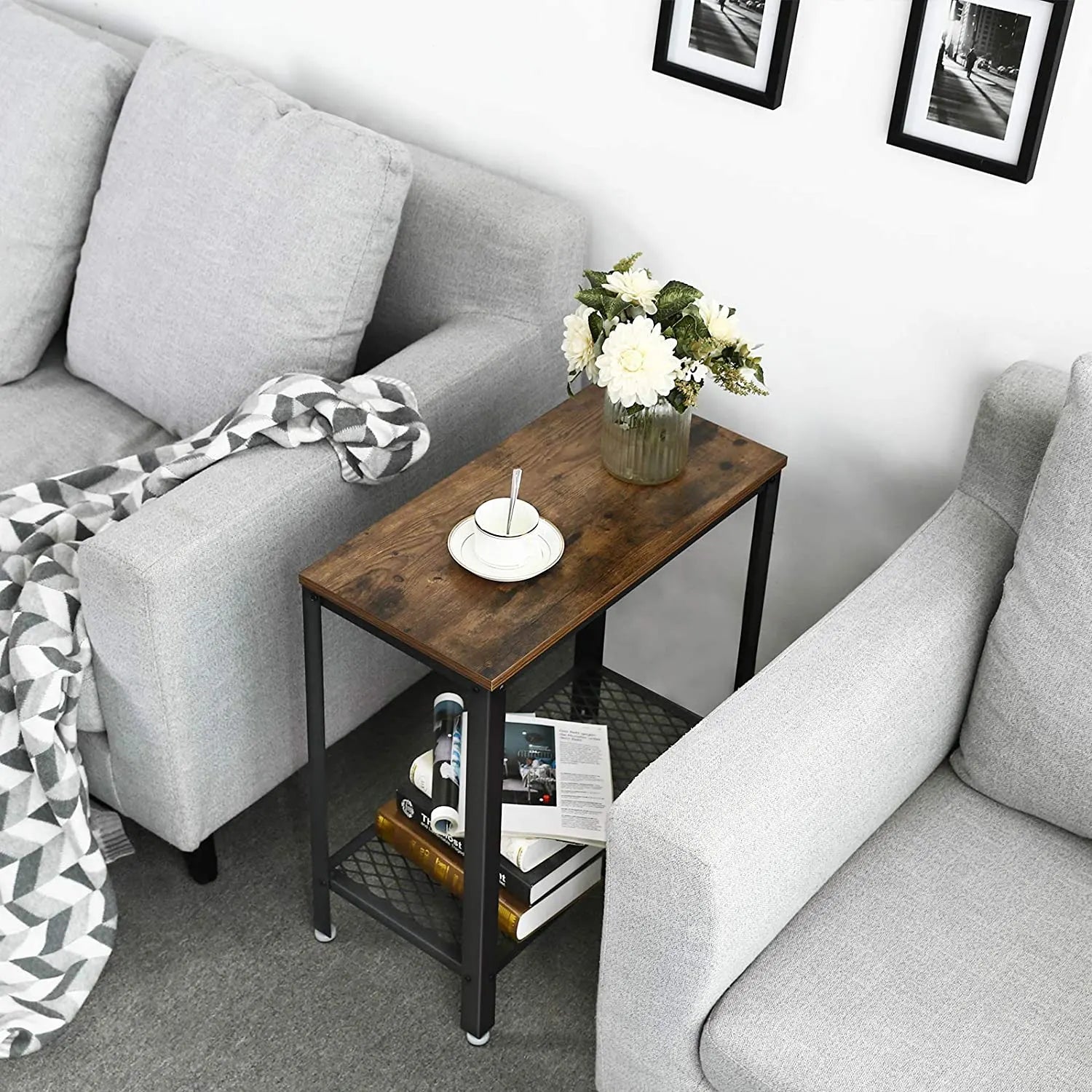 Industrial Side Table 2-Tier With Mesh and Metal Frame Rustic Brown - Image 3