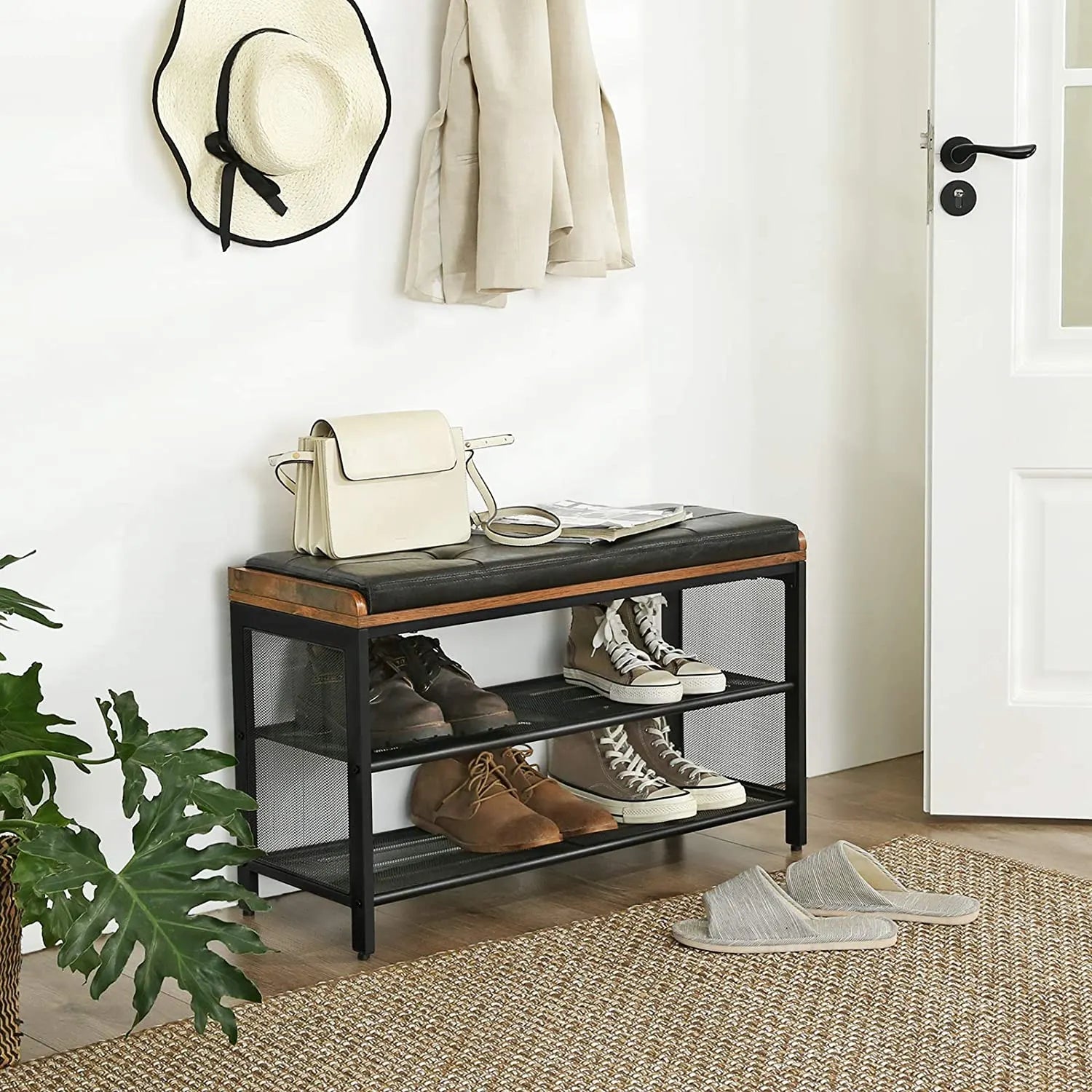 Shoe Bench with Mesh Shelf and Faux Leather Vintage Brown Black 80 x 30 x 48 cm - Image 2