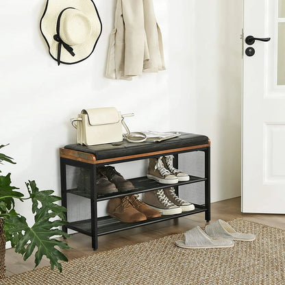 Shoe Bench with Mesh Shelf and Faux Leather Vintage Brown Black 80 x 30 x 48 cm - Image 2