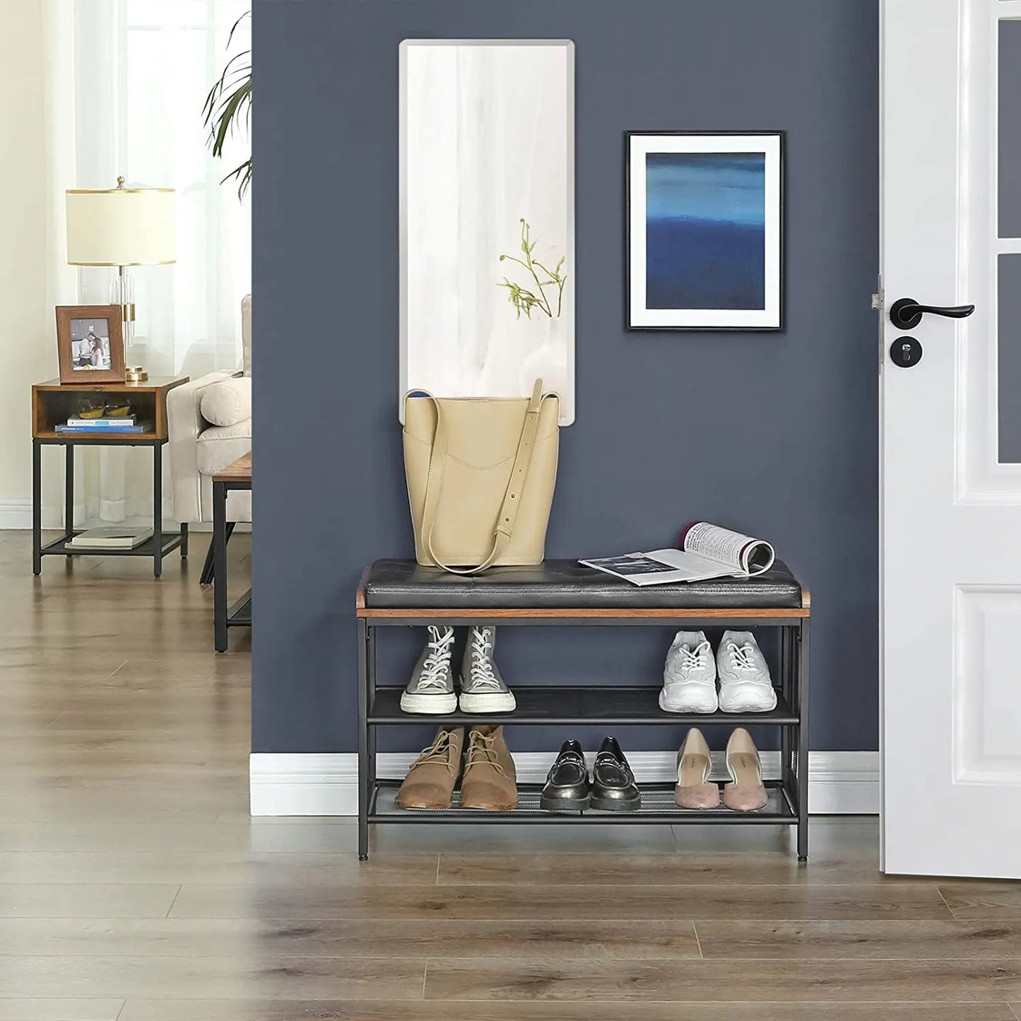 Shoe Bench with Mesh Shelf and Faux Leather Vintage Brown Black 80 x 30 x 48 cm - Image 3