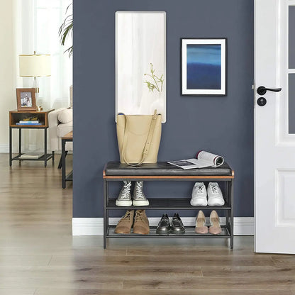 Shoe Bench with Mesh Shelf and Faux Leather Vintage Brown Black 80 x 30 x 48 cm - Image 3